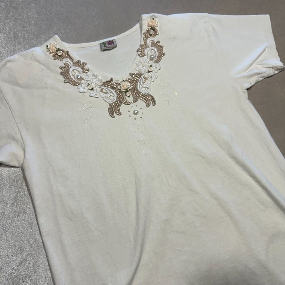 Vintage Cactus Womens White Embroidered Beaded Floral Tee Shirt Size Large